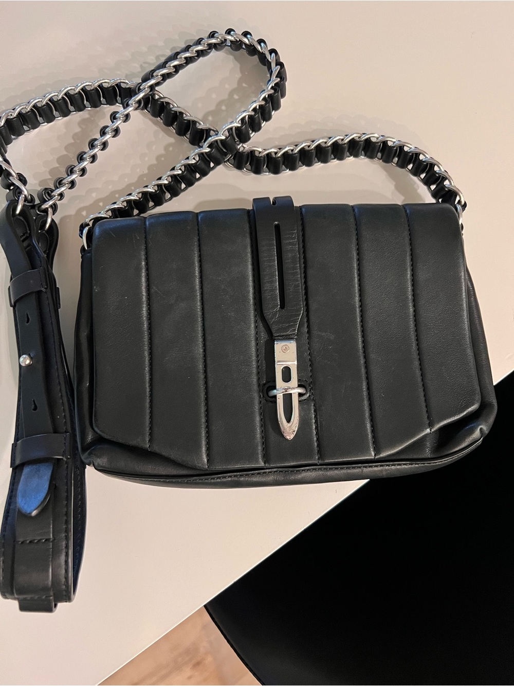 Rag & Bone Black Quilted Leather Crossbody Bag with Chain Strap